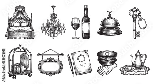A collection of black and white etched illustrations depicting classic hotel service elements such as a canopy bed, chandelier, wine, bell, key, luggage cart, and tea set.