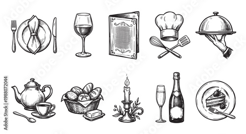 A collection of hand-drawn sketch illustrations featuring dining settings, bakery items, chef tools, and celebratory drinks, perfect for culinary themes.
