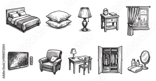 A collection of hand-drawn sketches of bedroom furniture and accessories, featuring a bed, pillows, lamps, and closet, perfect for interior design concepts.