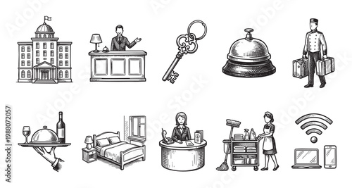 Hand-drawn black and white sketch icons depict various hotel services including a building, receptionist, key, bell, bellhop, room service, bedroom, cleaning cart, and technology.