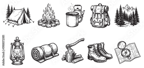 A black and white ink drawing showcases various camping and hiking essentials arranged in two rows, evoking a vintage adventure theme perfect for outdoor themes.