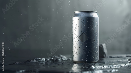 Wet aluminum soda can on rainy ground with water droplets