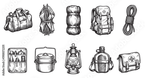 A collection of vintage sketch-style camping and hiking equipment, including a duffel bag, tent poles, sleeping bag, backpack, rope, first aid kit, and lantern.