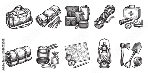 A detailed sketch showcases essential outdoor adventure equipment including camping bags, sleeping bags, cooking supplies, navigation tools, and survival items, all in a vintage hand-drawn aesthetic.