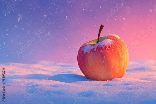 Single red apple in fresh snow, glowing under a gradient sky during a winter snowfall