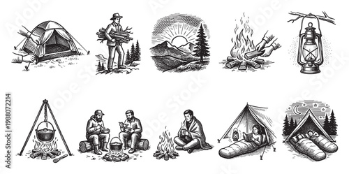 A montage of vintage woodcut style illustrations depicting various camping scenes like setting up a tent, gathering firewood, cooking over a campfire, and sleeping under the stars.
