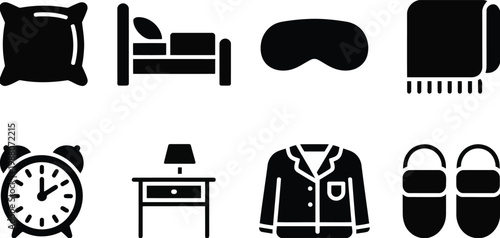 Sleep icons set pillows beds masks pajamas clocks and more for restful nights