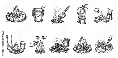 Collection of hand-drawn illustrations depicting campfire safety measures, including fire pits, buckets of water, shovels, fire extinguishers, watering cans, and a person raking leaves.