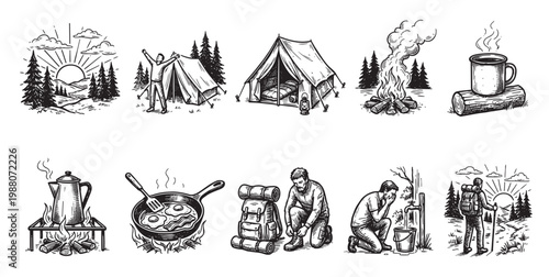 A collection of hand-drawn black and white illustrations depicting various camping and hiking activities, including setting up tents, cooking outdoors, and hiking.