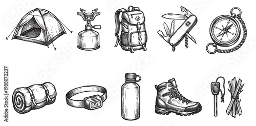 This collection of hand-drawn camping equipment includes a tent, stove, backpack, knife, compass, sleeping bag, headlamp, water bottle, boot, and fire starter, perfect for outdoor adventure concepts.