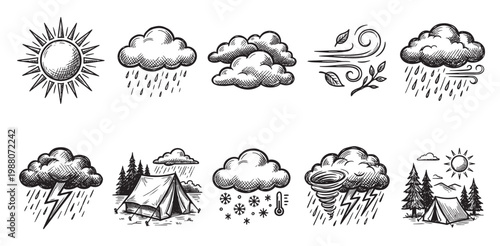 A collection of hand-drawn weather icons including sun, clouds, rain, snow, wind, lightning, tornado, thermometer and camping scenes, perfect for illustrating weather forecasts and outdoor themes.