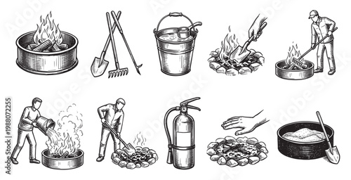 This vintage-style sketch collection shows various campfire tools and safety actions like raking, shoveling, and extinguishing fires with water and sand.