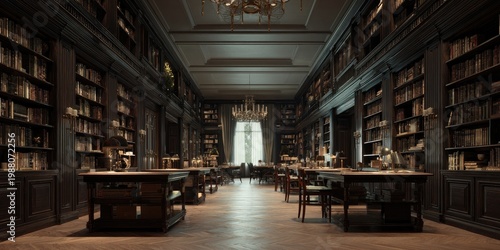 Spacious, traditional library with high ceilings, dark wooden shelves, study tables, and window