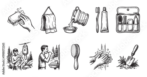 A collection of black and white hand-drawn illustrations depicting various hygiene and personal care activities and items, suitable for health or lifestyle concepts.