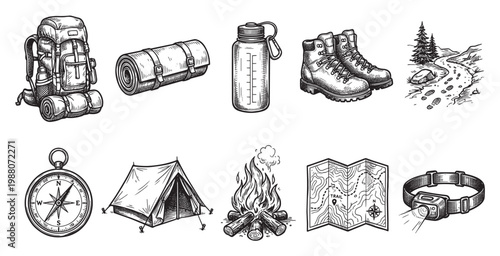 A collection of vintage style hand drawn illustrations of essential camping and hiking equipment including a backpack, sleeping bag, boots, tent, compass, map, campfire, water bottle and headlamp.