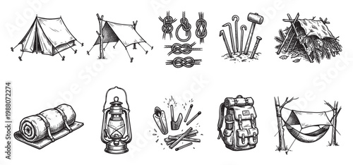 A hand-drawn collection of vintage camping equipment, including tents, a hammock, lantern, backpack, and fire-starting tools, rendered in a classic sketch style.