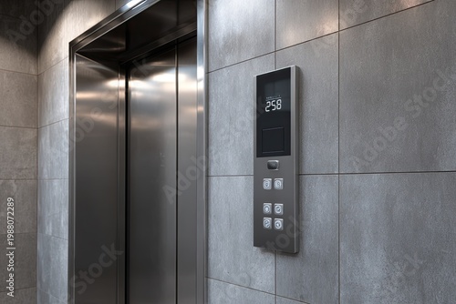 Modern elevator doors with a sleek digital control panel on grey tiled wall