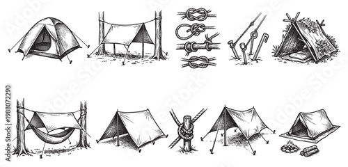 Collection of hand-drawn sketches depicting various camping tents, shelters, knots, and a campfire, showcasing outdoor survival and adventure themes.