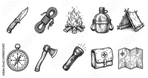 A collection of hand-drawn vintage illustrations depicts essential camping gear including a knife, rope, campfire, canteen, tent, compass, axe, flashlight, first aid kit, and map.