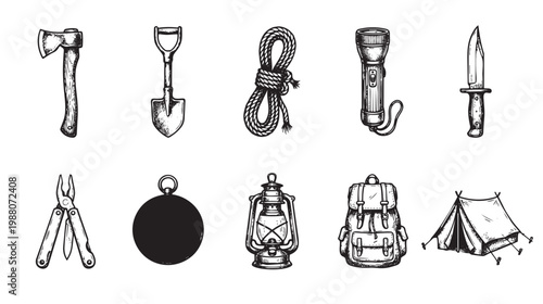 A collection of hand-drawn, vintage-style camping and survival gear icons, including an axe, shovel, rope, flashlight, knife, multi-tool, compass, lantern, backpack, and tent.