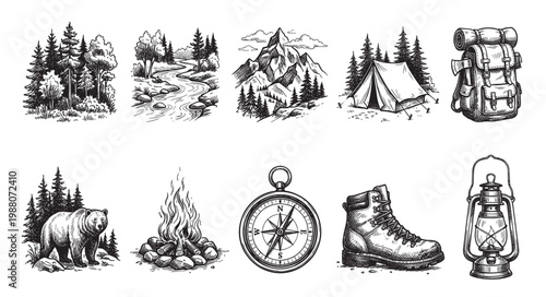 A collection of hand-drawn illustrations featuring outdoor adventure elements like trees, a river, mountains, a tent, backpack, bear, campfire, compass, boot, and lantern in a sketch style.