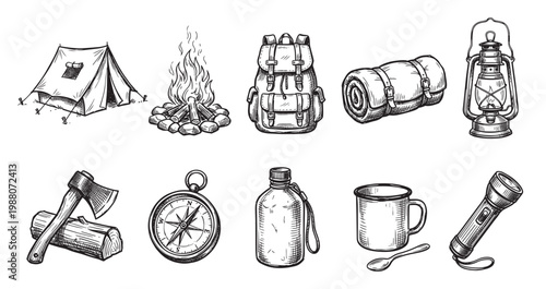 A hand-drawn illustration features an assortment of vintage camping gear including a tent, campfire, backpack, sleeping bag, lantern, axe, compass, water bottle, mug, and flashlight.