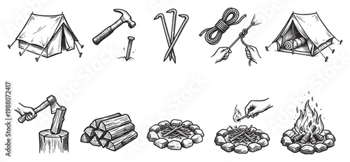 A charming, hand-drawn collection of camping essentials including tents, tools, rope, and a campfire, perfect for adventure and outdoor themes.