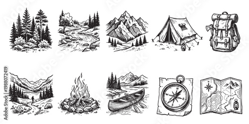 A collection of black and white hand-drawn illustrations featuring camping and adventure elements, perfect for outdoor themes and travel design.
