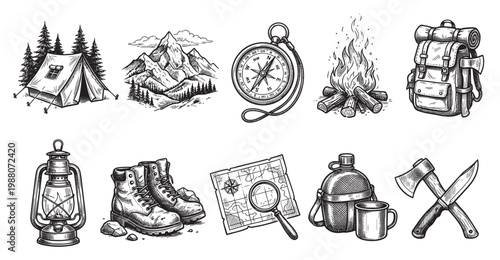Hand-drawn black and white illustration of various vintage camping and adventure items including a tent, mountains, compass, campfire, backpack, lantern, boots, map, canteen, and axe.