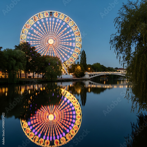 A large illuminated ferris wheel stands tall by a calm river during the quiet evening twilight