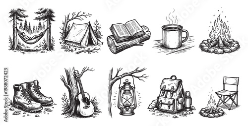 A black and white sketch collection featuring various outdoor camping elements like a hammock, tent, campfire, boots, guitar, lantern, backpack, and chair.