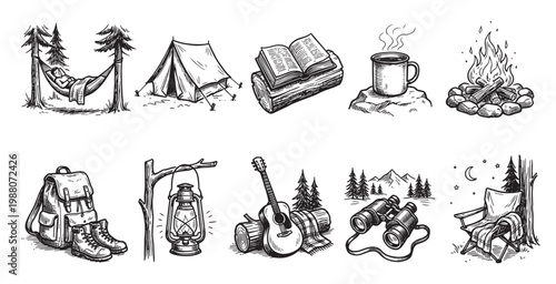 A hand-drawn collection of camping icons in a black and white sketch style, depicting various outdoor activities and equipment for a peaceful adventure.