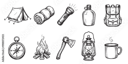A collection of hand-drawn sketch illustrations of camping equipment arranged in a grid, including a tent, sleeping bag, flashlight, canteen, backpack, compass, campfire, axe, lantern, and mug.
