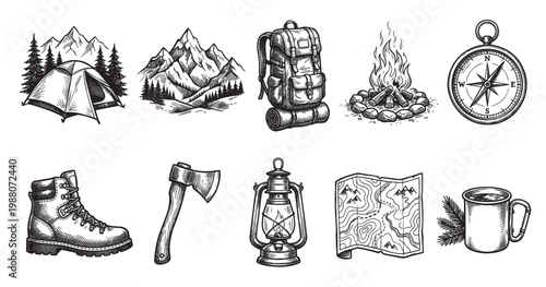 A collection of black and white hand-drawn illustrations depicting essential camping and outdoor adventure gear arranged in a collage.