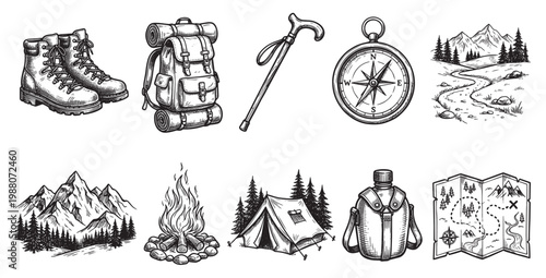 A hand-drawn, vintage-style collection of essential camping and hiking gear including boots, backpack, compass, map, tent, and campfire on a white background.