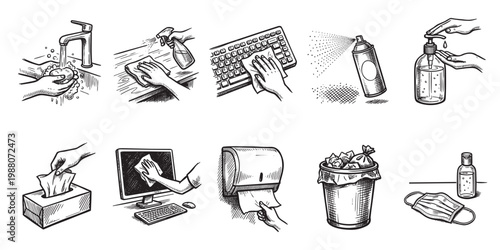 This hand-drawn illustration depicts various hygiene practices including washing hands, sanitizing surfaces, using tissues, and wearing masks for health and cleanliness.