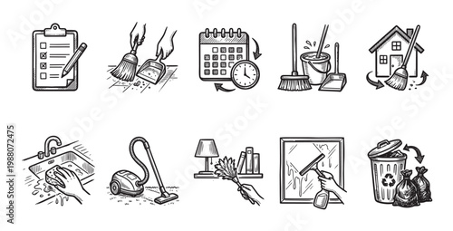 A collection of hand-drawn icons depicting various home cleaning tasks, including sweeping, vacuuming, washing, dusting, and trash disposal, ideal for illustrating housekeeping and tidiness.