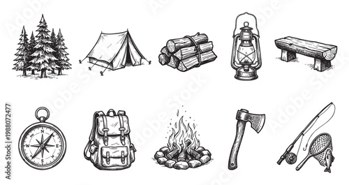 This hand-drawn illustration features a collection of outdoor adventure and camping essentials presented in a sketch style, ideal for travel, nature, or recreational themes.