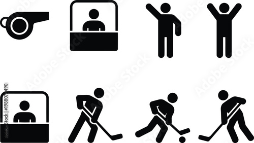 Black silhouette icons depicting sports referee and people in various actions