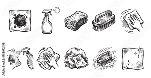 Hand drawn doodle icons depicting cleaning tools like sponges, brushes, spray bottles, and cloths, suggesting tidiness and household chores.