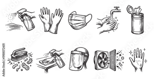 A collection of hand-drawn icons illustrating various hygiene and safety practices, including cleaning, washing hands, wearing masks, and protection from germs.