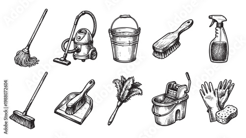 A vintage-style black and white illustration features a collection of household cleaning tools arranged on a white background, ideal for design projects.