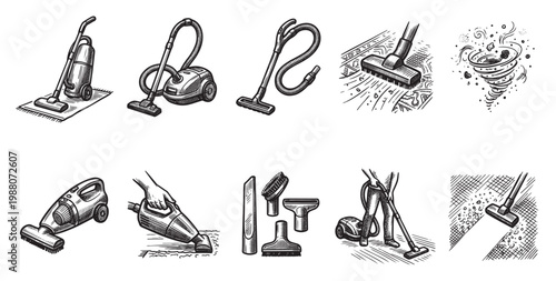 A collection of hand-drawn illustrations depicting various vacuum cleaners, accessories, and the act of cleaning, rendered in a vintage sketch style.