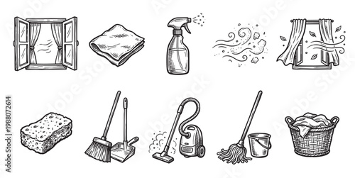 This charming hand-drawn illustration features a collection of essential household cleaning supplies, ideal for conveying concepts of tidiness, hygiene, and domestic tasks.