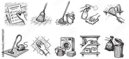 A collection of hand-drawn black and white illustrations depict various household chores and organizational tasks, including dusting, mopping, vacuuming, laundry, and tidying shelves.