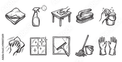 A collection of hand-drawn icons illustrating various cleaning tools and activities, perfect for conveying concepts of hygiene, household chores, and tidiness.