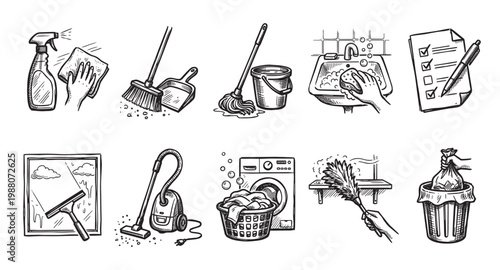 A black and white sketch montage showcases various household cleaning tasks and tools, illustrating domestic chores and maintenance.