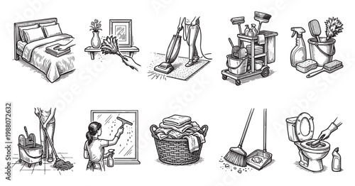 A collection of black and white line art illustrations depicting various household cleaning tasks, from making beds to cleaning toilets, suitable for instructional or decorative use.