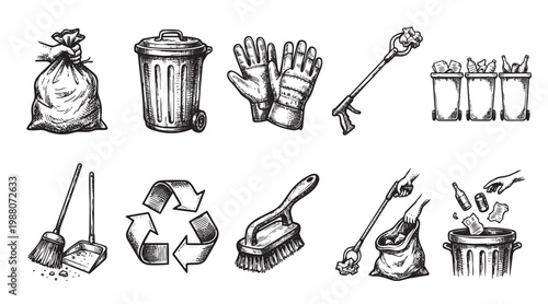 A collection of hand-drawn vector illustrations depicting various cleaning and recycling tools and actions, perfect for environmental and maintenance themes.