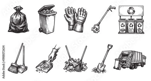 A collection of black and white illustrations depicts various items related to trash removal and recycling, including bags, bins, gloves, and a garbage truck.